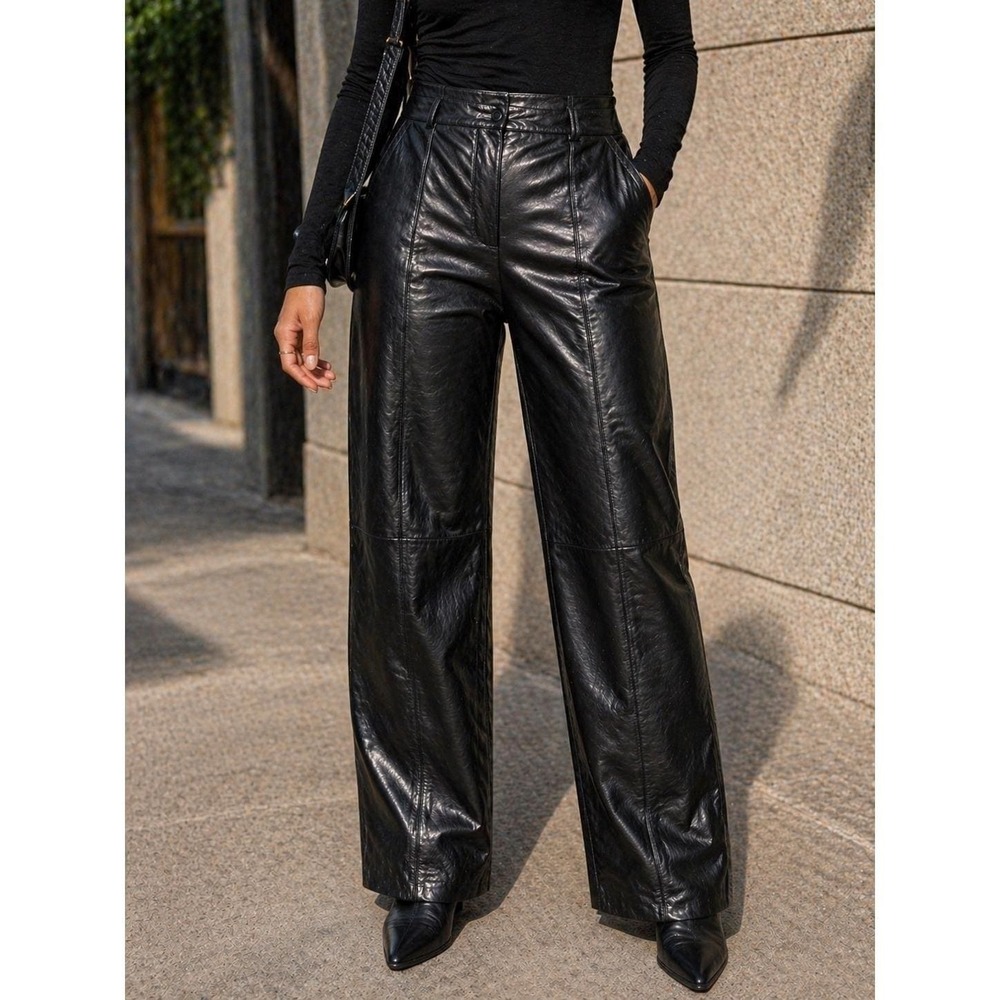 STAUD Leather Pants Women's Size 2 Black Good Wide Leg Seam Detail